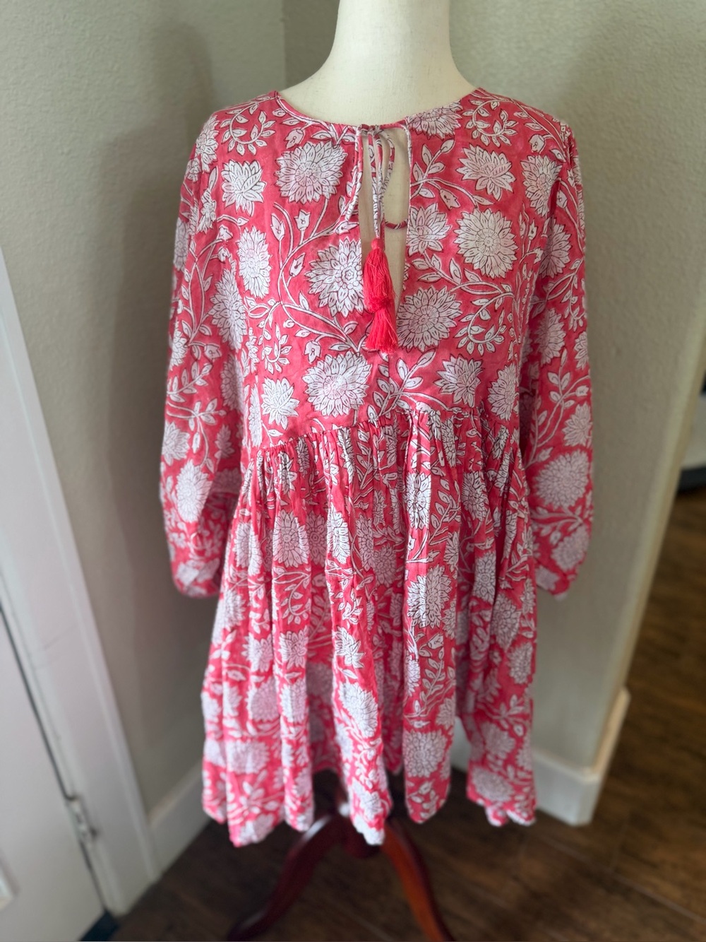 Women's Pink Floral Tassel Tie-Neck Mini Dress